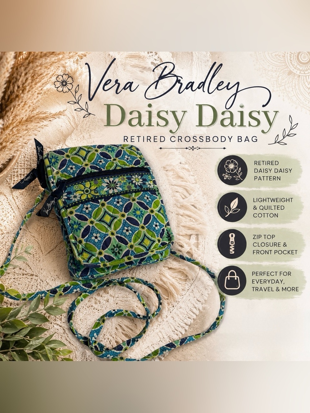 Vera Bradley Daisy Daisy Crossbody Bag Quilted Blue Green Navy Floral